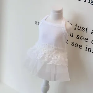 White lace pet dress detail showing cute tutu skirt and soft fabric for small dogs and cats.