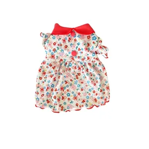 Cute floral pet dress for small dogs and cats, lightweight summer dress with red collar and buttons.
