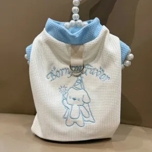 Summer thin waffle pet vest for dogs and cats with cute embroidery and blue collar design.