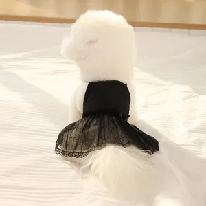 Detail view of cute pet lace strap dress, stylish black mesh skirt for small dogs cats.