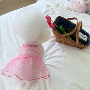 Breathable mesh pet dress for small dogs and cats, cute pink tutu sling skirt detail view.