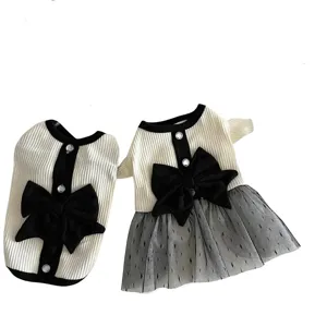 Spring summer cute puppy dog dress set black white bow pet clothes for small dogs cats