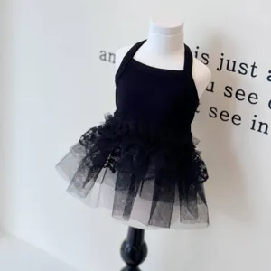 Black pet dog dress halter mesh lace skirt puppy cute apparel summer cat clothes detail