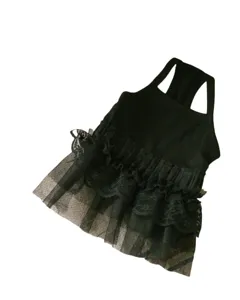 Pet summer dress with black lace tulle ruffles and classic check hem for small dogs cats.