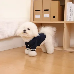 Detailed view of the navy blue fleece dog hoodie with stylish stripes and embroidery.