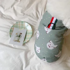 Cute autumn winter dog cotton vest detail, green sheep print pet clothes for small dogs.