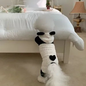 Cute panda pet dog winter coat costume for small dogs cats warm plush fleece apparel detail view.
