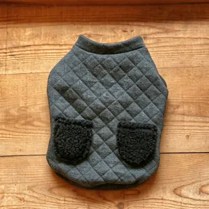 Quilted pet winter coat with cute fuzzy pockets, warm grey dog clothes for small dogs and cats.