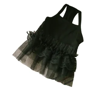 Summer pet dog dress black lace tank top cute small puppy apparel with classic plaid hem.