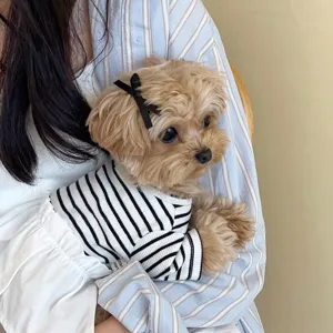 Detailed view of cute pet striped dress with white skirt hem for small dogs and cats.
