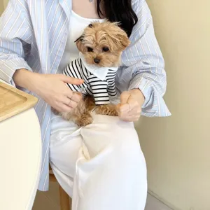 Detail view of cute striped pet shirt with white collar for small dogs and cats cozy