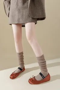 Ballet style knit slouch socks for women, thick needle metallic calf socks detail.