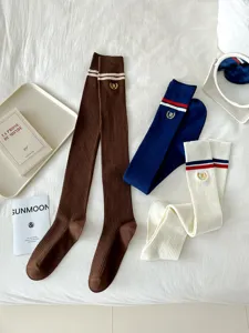 Knit over-the-knee socks with stripe and embroidery, preppy style long stockings for women.
