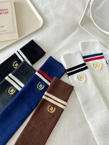 JK style knee high socks for women, preppy striped over knee knit stockings with embroidery.