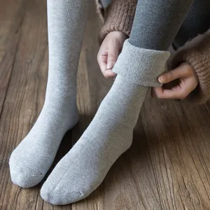 Thickened winter warm long socks for women, retro solid color cozy knit leg wear, grey knee high.