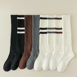 Women Long Tube Slouch Socks Cotton Preppy Style Striped Solid Color Knee High Socks Casual Fashion Hosiery