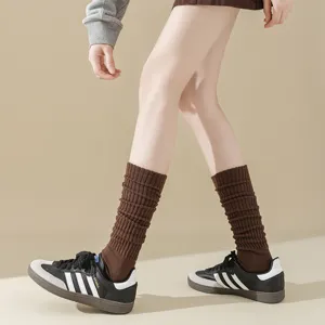 Brown slouch socks for women, thick knit leg warmers, casual retro knee high jk socks.