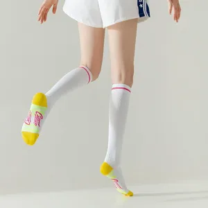 Women sports knee high socks white athletic tube socks with yellow toe and heel contrast design