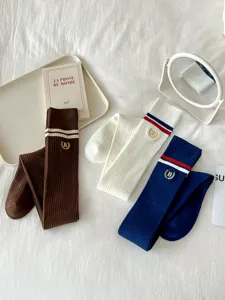 Japanese preppy style over-the-knee long socks with stripe and embroidery for women