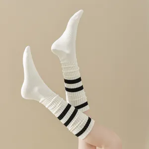Women's white knee high slouch socks with black stripes cute Japanese JK college style warmers