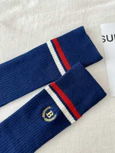 Japanese style navy blue over-knee high socks with red white stripes and gold embroidery B.
