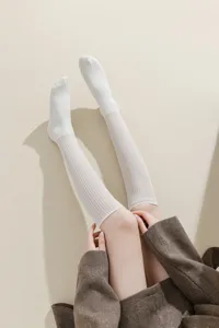 White knitted long socks for women, Japanese style soft cotton calf socks for daily wear.