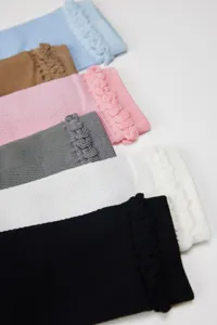 Detail view of ultra-thin mesh knee high socks with lace trim, available in multiple colors.