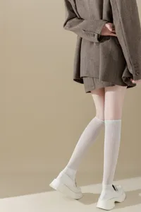 Ballet style knit knee high socks for women, thick needle glitter calf socks, solid color.
