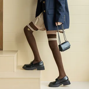 Brown jk knee high socks with stripes and embroidery, stylish preppy style long stockings for women.