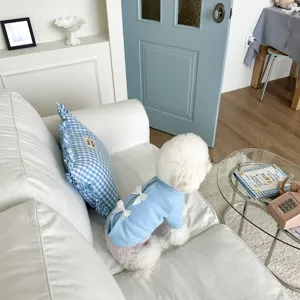 Cute pet sweatshirt for small dogs, autumn winter warm blue puppy clothes with lovely white bows.