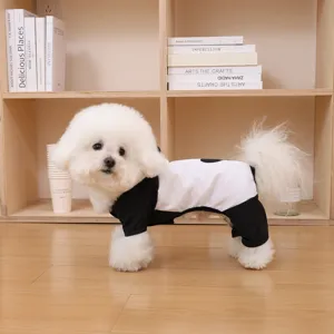 Cute black and white pet jumpsuit costume for small dogs like Bichon and Teddy daily wear.
