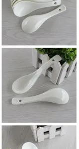 Detailed view of pure white ceramic soup spoon, bone china spoon for home and restaurant.