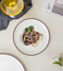 Ceramic steak plate with brown rim, elegant round dinnerware for restaurant and food styling.