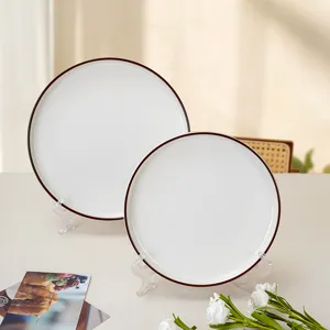 Modern Minimalist Ceramic Dinner Plate Round Tableware with Brown Rim for Steak Food Serving Home Hotel Restaurant