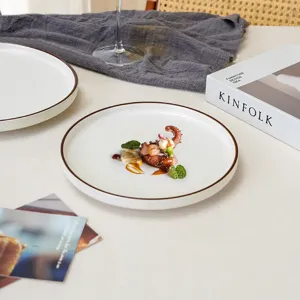 Ceramic dinner plate with brown rim white round tableware for western steak restaurant home use