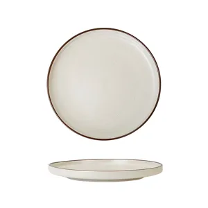 Ceramic dinner plate with stylish brown rim, flat round ceramic dish for home and restaurant.
