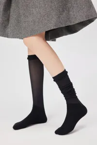 Close-up detail of black sheer mesh knee-high socks worn by a model, breathable summer style.