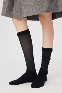 Black sheer mesh calf socks detail shot, breathable summer hosiery for stylish daily outfit wear.