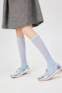 Sheer mesh knee high socks for women, light blue summer calf socks detailing style.