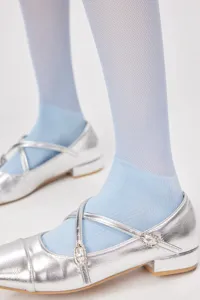 Ultra-thin mesh knee-high socks detail view, paired with stylish silver Mary Jane shoes.