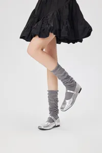 Grey slouch socks for women, ballet core cute leg warmers and stylish hosiery detail view.