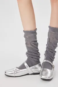Women grey sheer slouch socks spring summer thin leg warmers sweet ballet style mid tube socks