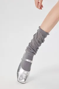 Sheer grey leg warmers detailed view, spring summer slouch socks ballet style soft fabric.