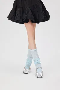 Detailed close-up view of light blue sheer leg warmers, elegant ballet style cute socks.