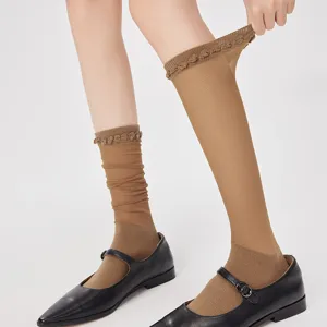 Sheer mesh brown mid-calf socks for women, breathable summer knee high fashion hosiery main view