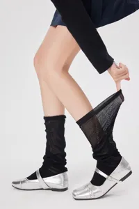 Sheer black leg warmers featuring breathable mesh texture, styled with silver Mary Jane shoes.
