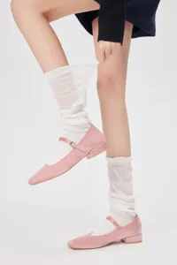 Women sheer leg warmers white slouch socks pink Mary Jane flats sweet ballet style cute shoes.