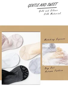 Detailed closeup view of sheer lace socks featuring delicate floral patterns and silk threads.