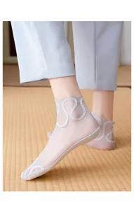 Close-up detail of sheer crystal silk lace socks with elegant pattern worn on foot.