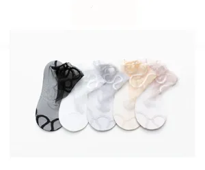 Close-up detail of sheer lace crystal silk short socks, transparent mesh design with floral lace.